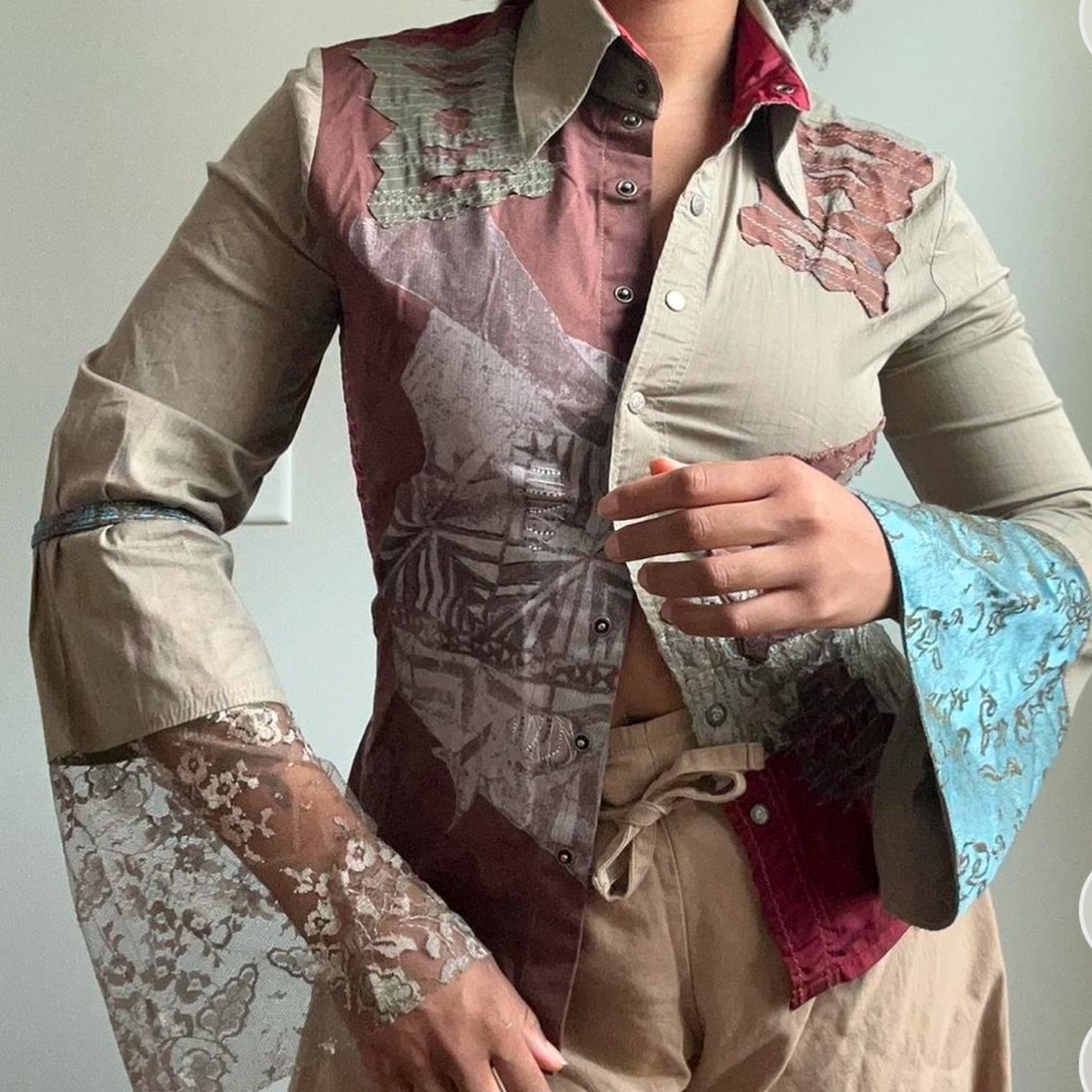 Save the Queen patchwork long sleeve button up shirt